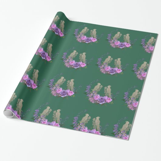 Groen met vogels en bloemen Inpakpapier (Uitgerold)