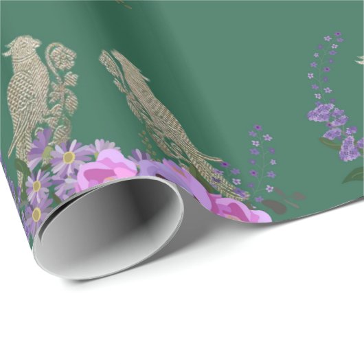 Groen met vogels en bloemen Inpakpapier (Rol Hoek)