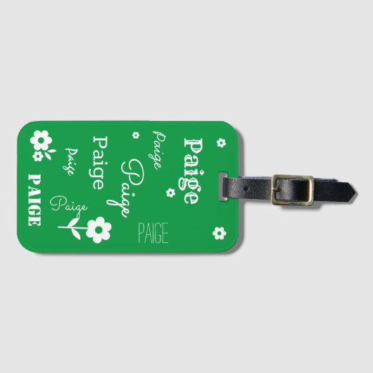 Groen met Witte Bloemen, Gepersonaliseerd Bagagela Bagagelabel (Voorkant (horizontaal))