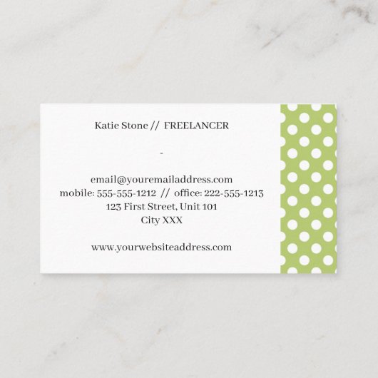 Groen met witte stippen visitekaartje (Achterkant)