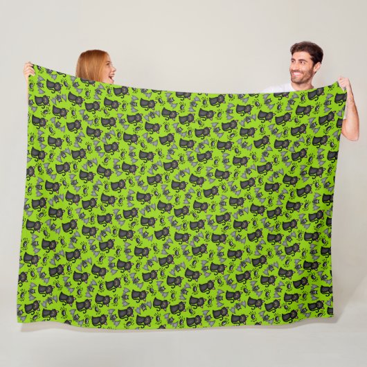 GROEN MET ZWARTE HALLOWEEN SPINNEN KATTEN VLEERMUI FLEECE DEKEN (In situ)