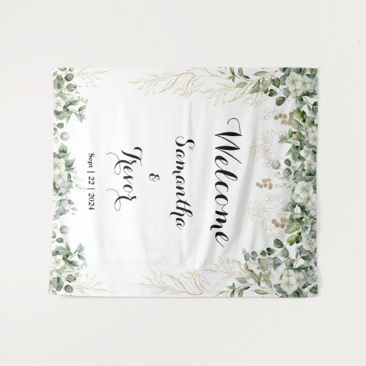 Groen & Metallic Goud Blooms: Een Bruiloft Welkom Wandkleed (Voorkant (horizontaal))