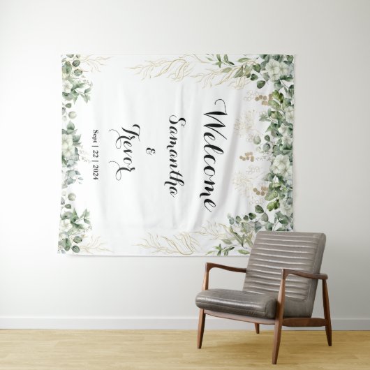 Groen & Metallic Goud Blooms: Een Bruiloft Welkom Wandkleed (In Situ (horizontaal))