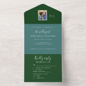 Groen minimaal fancy paar foto monogram all in one uitnodiging (Binnen)