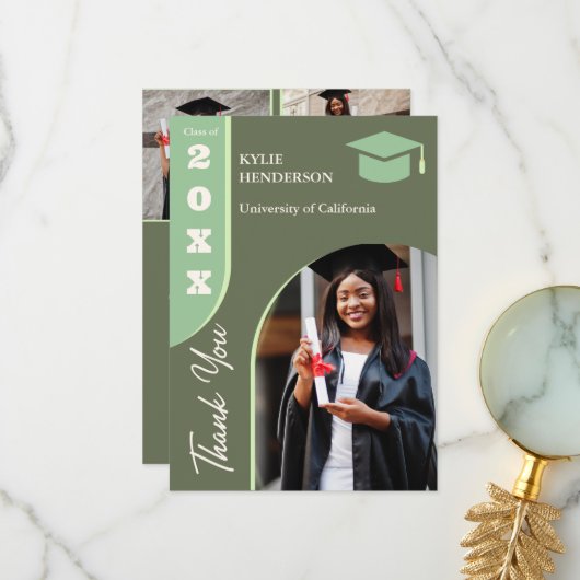 Groen Modern Afstuderen Foto Bedankkaart (Voorkant / Achterkant in situ)