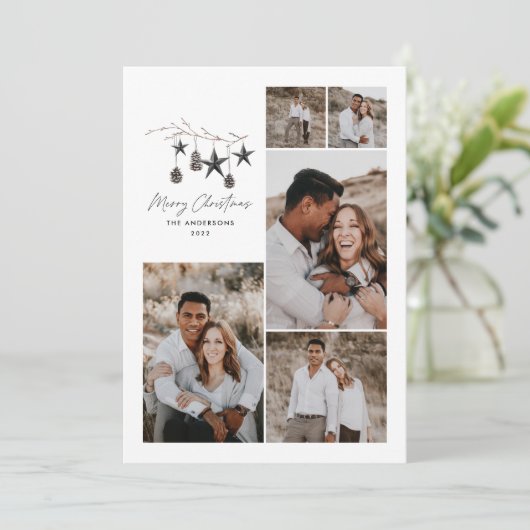 Groen modern elegant script Kerstmulti-foto Feestdagenkaart (Staand voorkant)