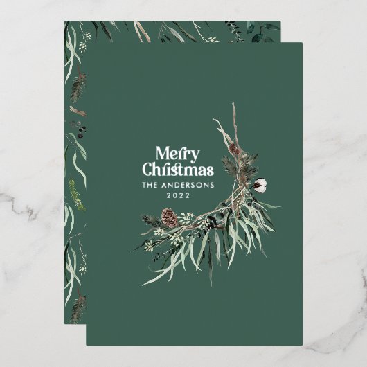 Groen modern elegant waterverf botanische rustieke folie feestdagenkaart (Voorkant / Achterkant)