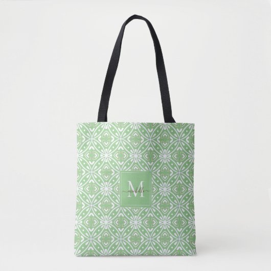 Groen Modern Geometrisch Batikpatroon Monogram Tote Bag (Voorkant)
