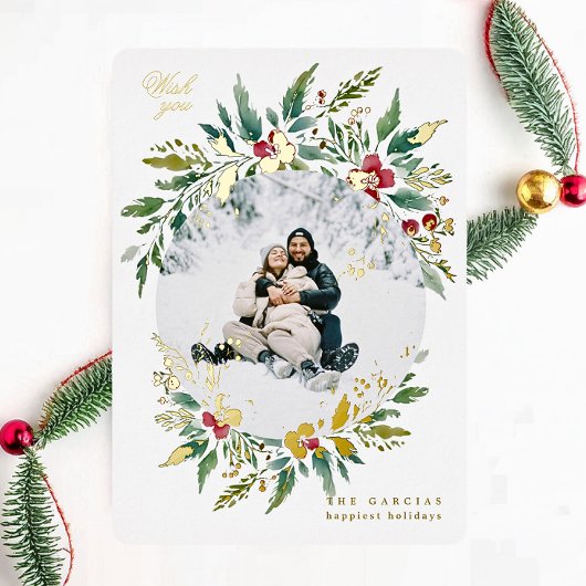 Groen Modern Grote Krans Een foto Vrolijk Kerstfee Folie Feestdagenkaart