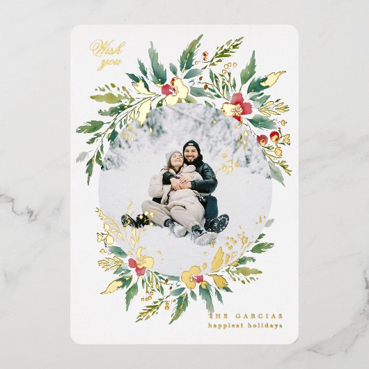 Groen Modern Grote Krans Een foto Vrolijk Kerstfee Folie Feestdagenkaart (Voorkant)