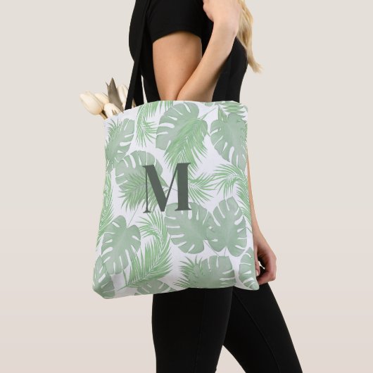 Groen Modern Monogram Palmbladeren Aangepast Tote Bag (Dichtbij)