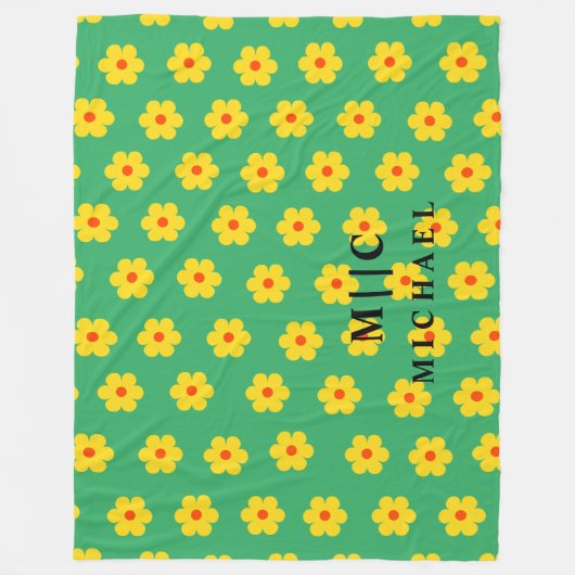 Groen modern monogram retro floral fleece deken (Voorkant)