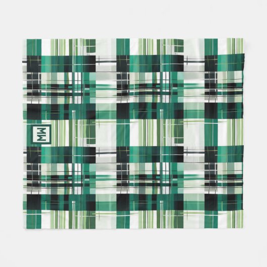 Groen modern plaid geometrisch monogram fleece deken (Voorkant (Horizontaal))