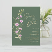 Groen Modern Rustiek Elegant Wildflower Bruiloft Save The Date (Staand voorkant)