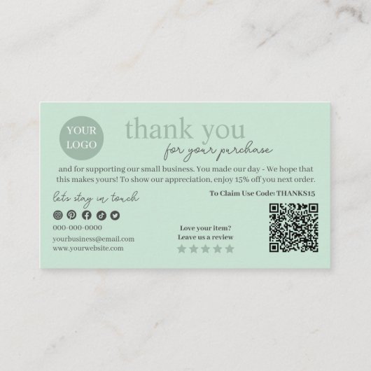 Groen Modern Script QR-code, dank u Visitekaartje (Achterkant)