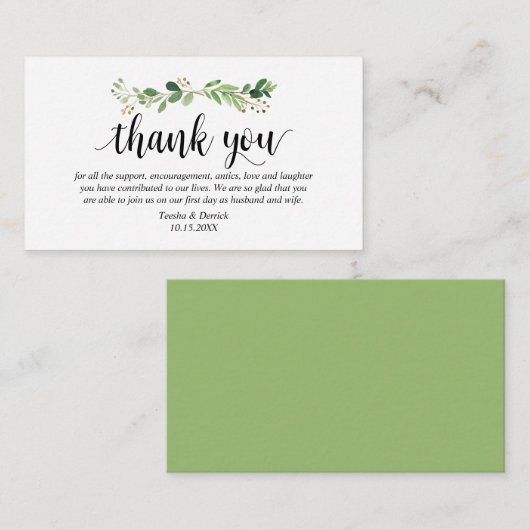 Groen, Modern zwart script, bruiloft Dank u Informatiekaartje (Voorkant / Achterkant)