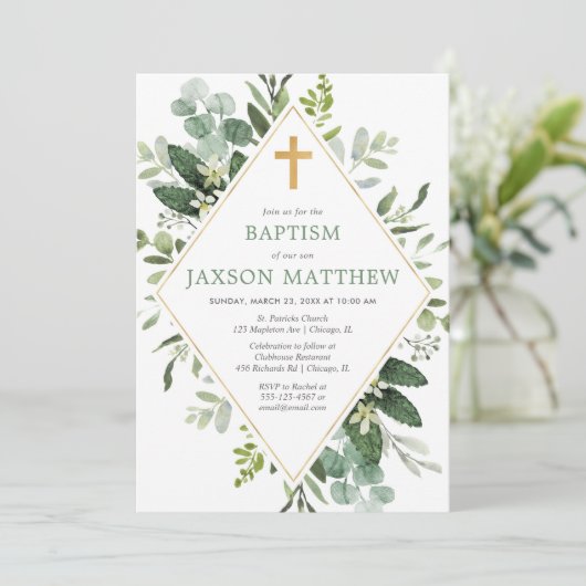 Groen moderne eucalyptus groen goud doop kaart (Staand voorkant)