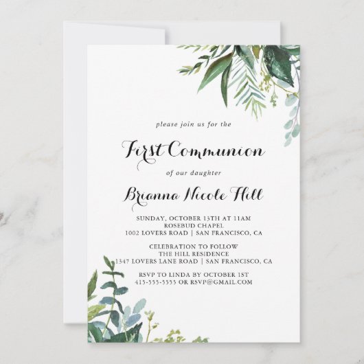 Groen Moderne Kalligrafie Eerste Communie Kaart (Voorkant)