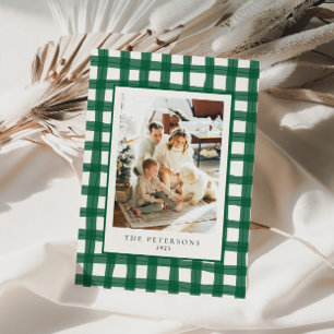 Groen Moderne Retro Plaid Familiefoto Xmas Feestdagenkaart