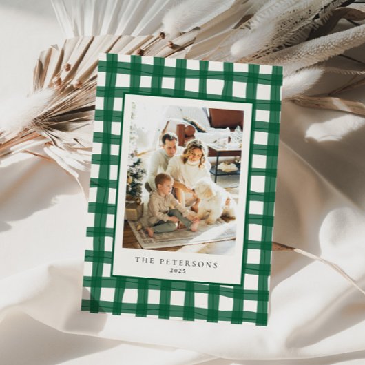 Groen Moderne Retro Plaid Familiefoto Xmas Feestdagenkaart