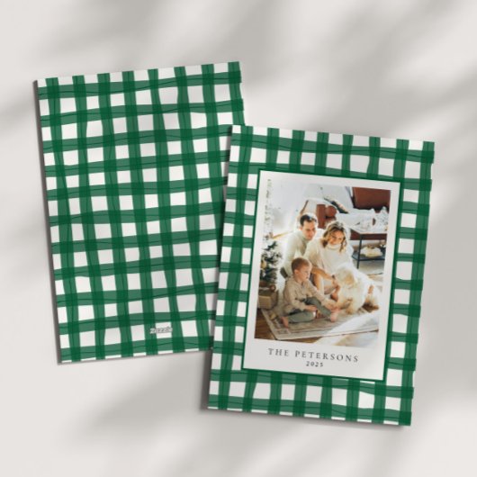Groen Moderne Retro Plaid Familiefoto Xmas Feestdagenkaart
