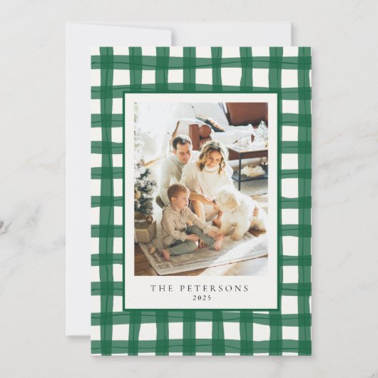 Groen Moderne Retro Plaid Familiefoto Xmas Feestdagenkaart (Voorkant)