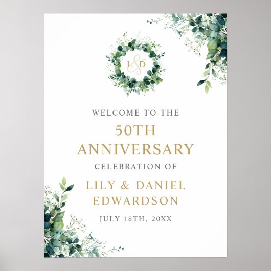 Groen Monogram 50ste verjaardag Welkomstbord Poster (Voorkant)