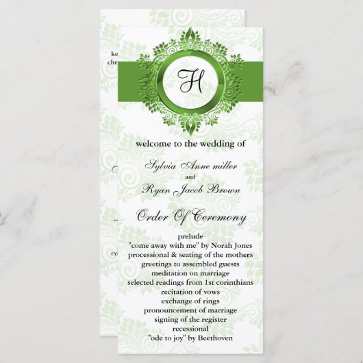 groen monogram bruiloft programma programmakaart (Voorkant / Achterkant)