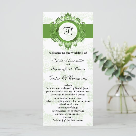 groen monogram bruiloft programma programmakaart (Staand voorkant)