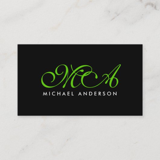 Groen Monogram Elegant Schrift Zwarte Achtergrond Visitekaartje (Voorkant)