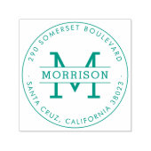 Groen Monogram & Familienaam Rond Terugkeeradres Zelfinktende Stempel (Design)