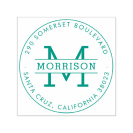 Groen Monogram & Familienaam Rond Terugkeeradres Zelfinktende Stempel