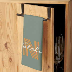 Groen monogram initiaal script moderne kleurrook theedoek