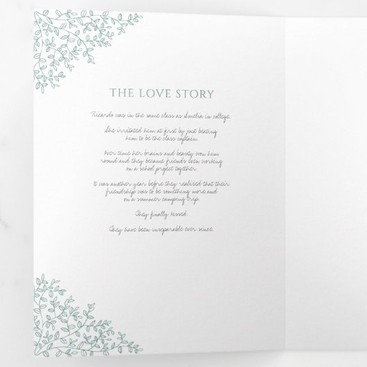 Groen monogram kunstverhaal toewijding bruiloft drieluik programma (Binnenzijde eerst)