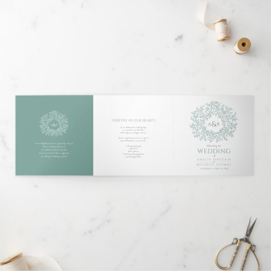 Groen monogram kunstverhaal toewijding bruiloft Tr Drieluik Programma (Buitenkant)