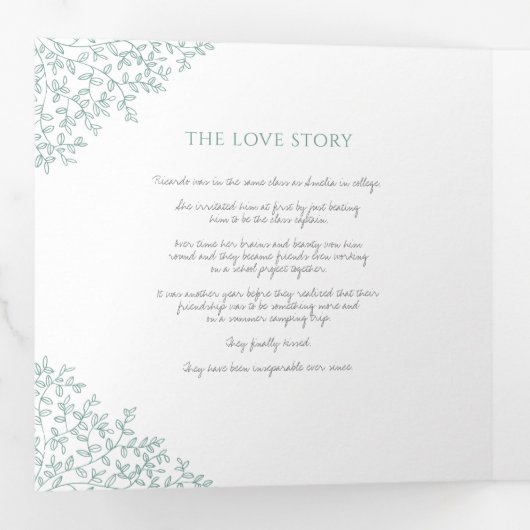 Groen monogram kunstverhaal toewijding bruiloft Tr Drieluik Programma (Binnenzijde eerst)