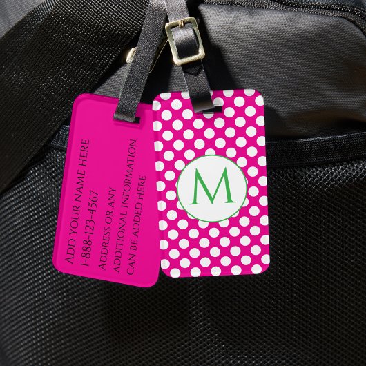 Groen Monogram Roze Stippen Felle Kleuren Bagagelabel