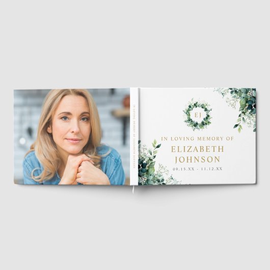 Groen Monogram Ter Herinnering Funeral Foto Gastenboek (Volledig)