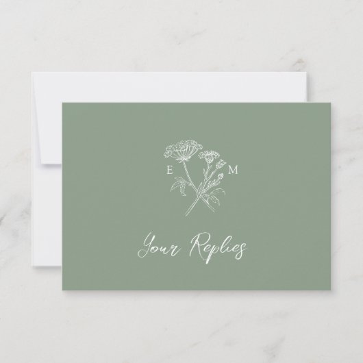 Groen monogram wildflower maaltijd optie bruiloft RSVP kaartje (Voorkant)