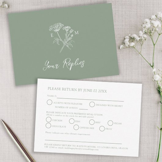 Groen monogram wildflower maaltijd optie bruiloft RSVP kaartje