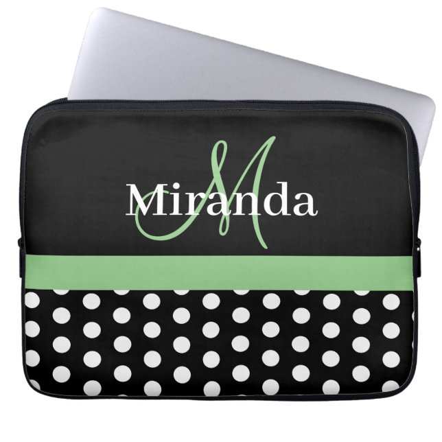 Groen Monogram Zwart Wit Polka Dot Laptop Sleeve (Voorkant)
