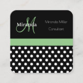 Groen Monogram Zwart Wit Polka Dot Vierkante Visitekaartje (Voorkant)