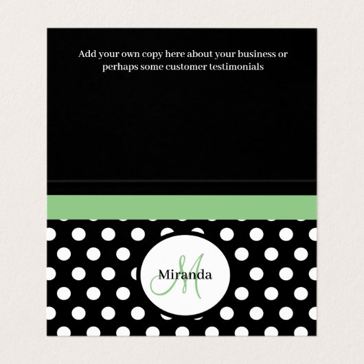 Groen Monogram Zwart Wit Polka Dot Visitekaartje (Binnenkant ongevouwen)