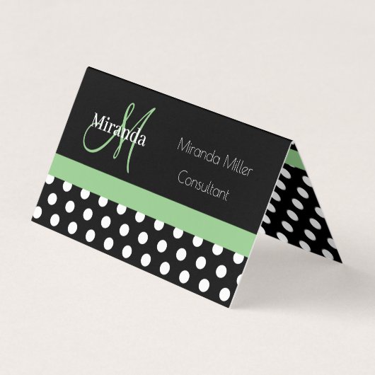 Groen Monogram Zwart Wit Polka Dot Visitekaartje (Voorkant)