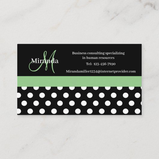 Groen Monogram Zwart Wit Polka Dot Visitekaartje (Achterkant)