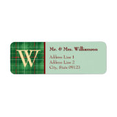Groen Monogramed Christmas Plaid Retouradres Etiket (Voorkant)