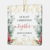 Groen Monoline Bloem Eerste Kerstmis Samen Keramisch Ornament (Links)