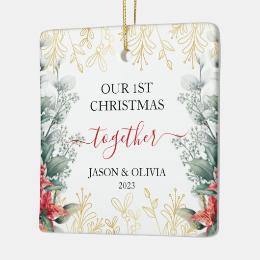 Groen Monoline Bloem Eerste Kerstmis Samen Keramisch Ornament (Links)