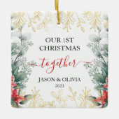 Groen Monoline Bloem Eerste Kerstmis Samen Keramisch Ornament (Voorkant)