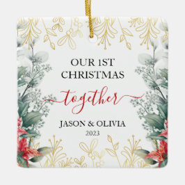 Groen Monoline Bloem Eerste Kerstmis Samen Keramisch Ornament